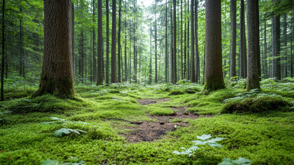 Obraz premium Lush forest with tall trees, vibrant green moss, and soft filtered light creates tranquil