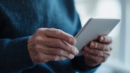 Elderly person using a tablet device indoors during daylight hours