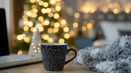 Cozy indoor scene features a hot beverage next to a soft blanket with warm festive lights in the background