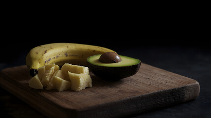 A banana, sliced pineapple pieces, and half an avocado with its pit are arranged on a wooden cutting board.