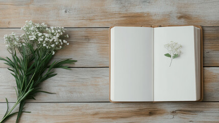 Open diary rests wooden table, featuring pressed flower blank page, evoking tranquility