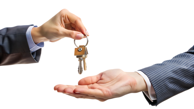 Hand, Passing House Keys to Another Hand, cutout, PNG isolated on white or transparent background