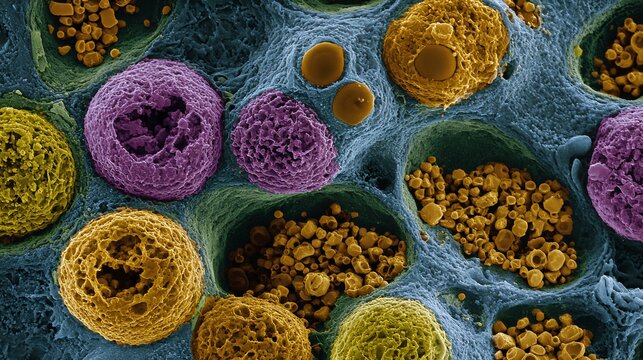 Electron microscopy of adrenal cancer cells dense cytoplasm prominent nucleoli and disrupted organelles