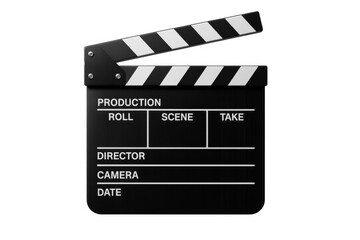 Cinema clapperboard showing production, roll, scene, take, director, camera, and date on transparent background