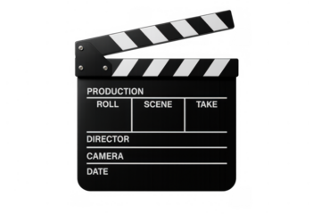 Cinema clapperboard showing production, roll, scene, take, director, camera, and date on transparent background
