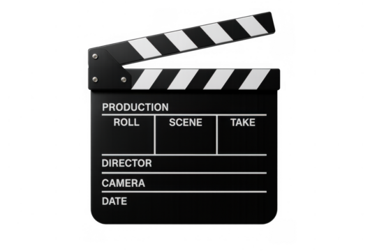 Cinema clapperboard showing production, roll, scene, take, director, camera, and date on transparent background