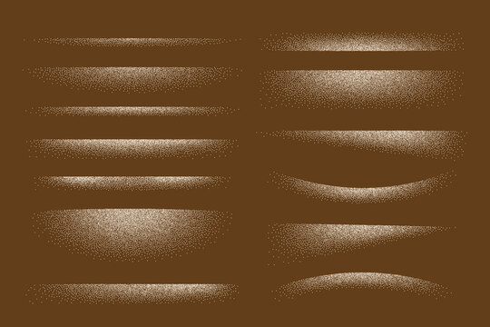 Collection of retro borders with noise grain texture. Vector edge shadows set with gradient stipple dots