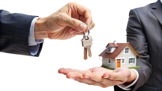 Hand, Passing House Keys Over a Miniature House Held in Another Hand, cutout, PNG isolated on white or transparent background