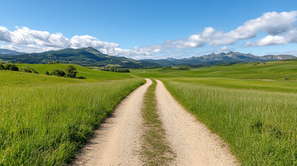 Fototapeta premium Dirt road leading through countryside hills, surrounded by lush greenery and mountains