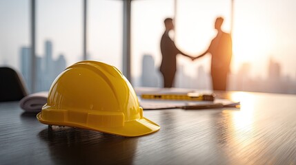 Yellow Safety Helmet On Office Desk During Business Handshake