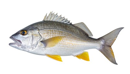 Fototapeta premium Side view of a fish with silver scales and yellow fins