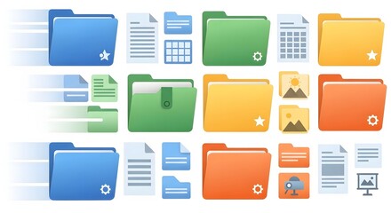 Fototapeta premium Vibrant collection of modern digital file and folder icons, representing streamlined data management, efficient digital storage, and organized information flow for enhanced productivity