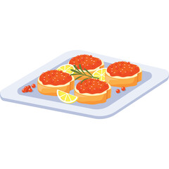 Four Canape Sandwiches Topped with Red Caviar and Garnished with Lemon Slices and Rosemary Sprigs on a White Plate with a Transparent Background