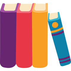 Four Colorful Books Standing Upright In A Row With A Teal Book Leaning Against Them On A White Background