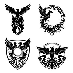 Set of phoenix emblems, heraldic silhouettes