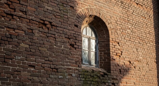 Rustic arched window in red brick wall with worn texture and distinctive pattern - Powered by Adobe