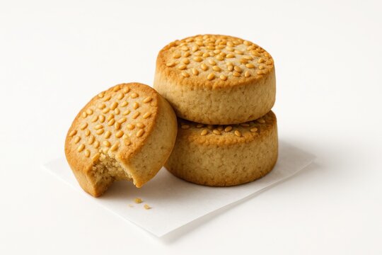 Trio of Spanish mantecados with sesame tops stacked slightly offset on a small square of parchment delicious festive cookie visual