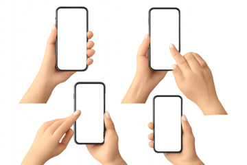 Four Hands, Holding Smartphones with Blank White Screens, cutout, PNG isolated on white or transparent background