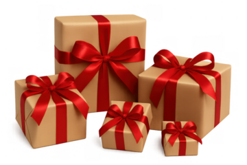 Group of gift boxes wrapped in brown paper and red ribbons, celebrating various occasions, with transparent background