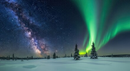 Stunning northern lights and milky way over snowy landscape