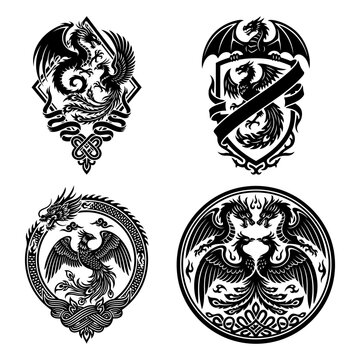 Collection of dragon emblems and heraldic designs