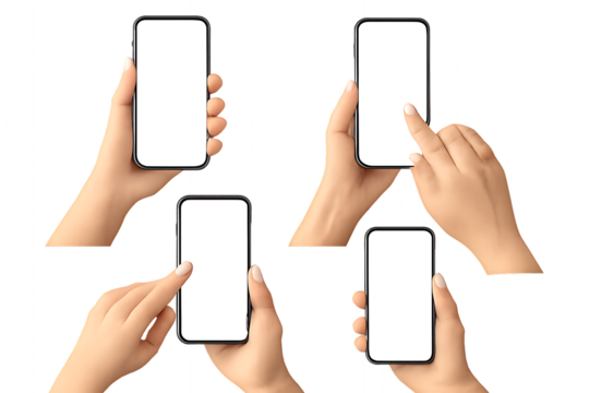 Four Hands, Holding Smartphones with Blank White Screens, cutout, PNG isolated on white or transparent background