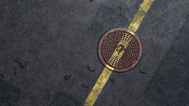 Asphalt Road Yellow Line with Manhole Cover Texture Background