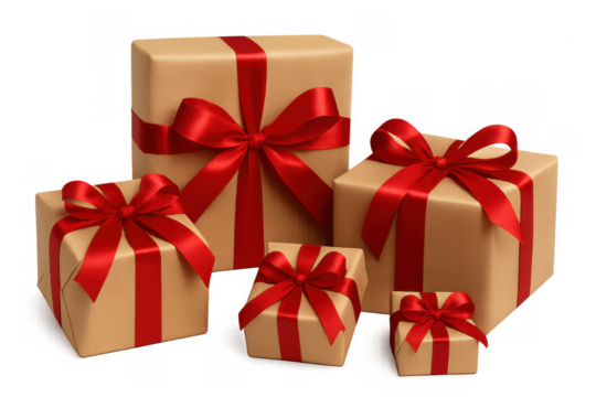 Group of gift boxes wrapped in brown paper and red ribbons, celebrating various occasions, with transparent background