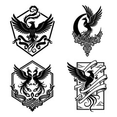 Set of phoenix heraldic emblems