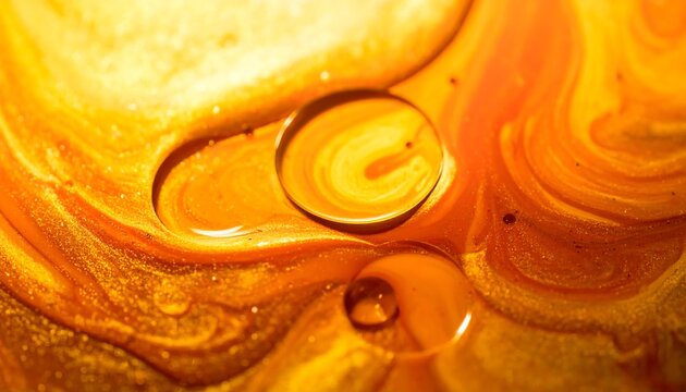 Abstract swirling, vibrant gold and orange liquid creates mesmerizing patterns with visible droplets