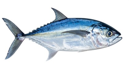 Obraz premium A silvery and bluish fish with dark eyes, various fins, scales, and a tail is against a solid, stark white backdrop