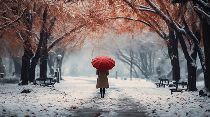 Woman with umbrella going during snow.