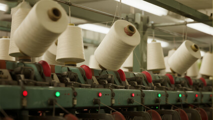 Textile Factory Spinning Machine Spindle Cotton Thread Production Industrial Manufacturing Background
