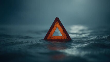 A weathered, orange-red warning triangle sits submerged in dark, choppy water