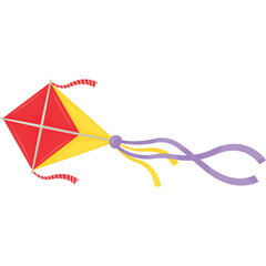 Red and Yellow Diamond Shaped Kite with Purple and Yellow Ribbons Flying in the Sky on a Clear Day