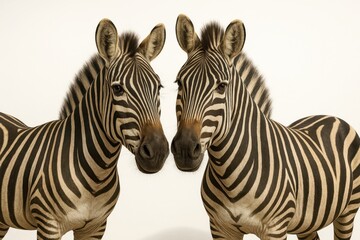 Fototapeta premium Two zebras with intertwined necks forming an elegant curve while both gaze to camera clean studio wildlife on white