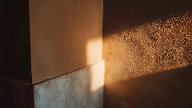 Warm sunlight forms a rectangular patch on an interior wall corner, with a textured surface and a soft shadow nearby.