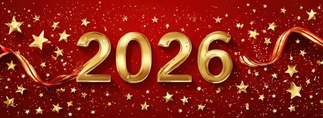 gold number "2026" on a red background with golden stars and ribbons, creating a festive atmosphere for a chinese new year celebration.