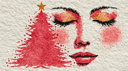 Abstract face with christmas tree hair and star on a textured background.