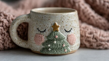 Mug with christmas tree design on a pink knitted blanket background.