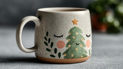 Ceramic mug with christmas tree design and closed eyes on a gray background.