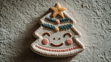 Christmas tree shaped cookie with decorations on a textured surface close up.
