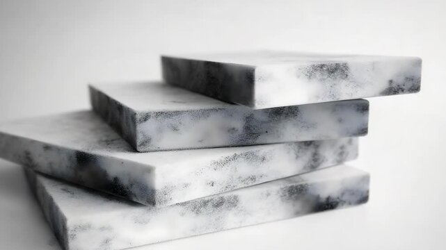 A stack of white marble slabs with gray veining arranged in a stair-step formation.