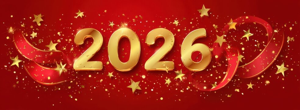 gold number "2026" on a red background with golden stars and ribbons, creating a festive atmosphere for a chinese new year celebration. - Powered by Adobe