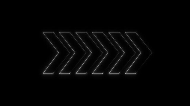 Neon arrow symbol icon. Directional sign arrow points to the right. White color arrow animation on black background.