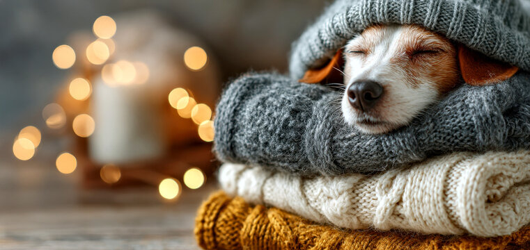 Cozy Dog Sleeping in Warm Knitted Sweaters with Festive Bokeh Lights in the Background