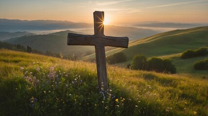 Cruz de madera en campo verde al amanecer con montañas al fondo