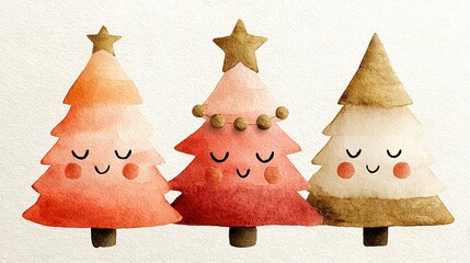 Three stylized christmas trees with sleepy faces and star toppers on white background.