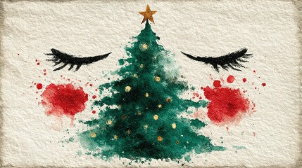 Christmas tree with eyelashes and red cheeks on a textured background.