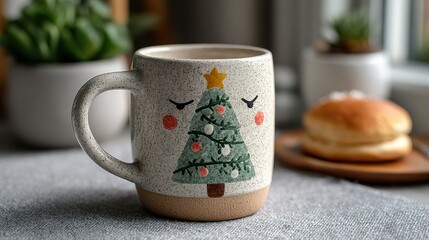 Christmas tree mug with coffee and a bun on a table near plants.